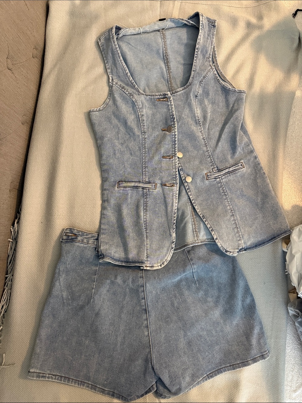 Poe sells Light Wash Denim Shorts and Vest Set - Blue